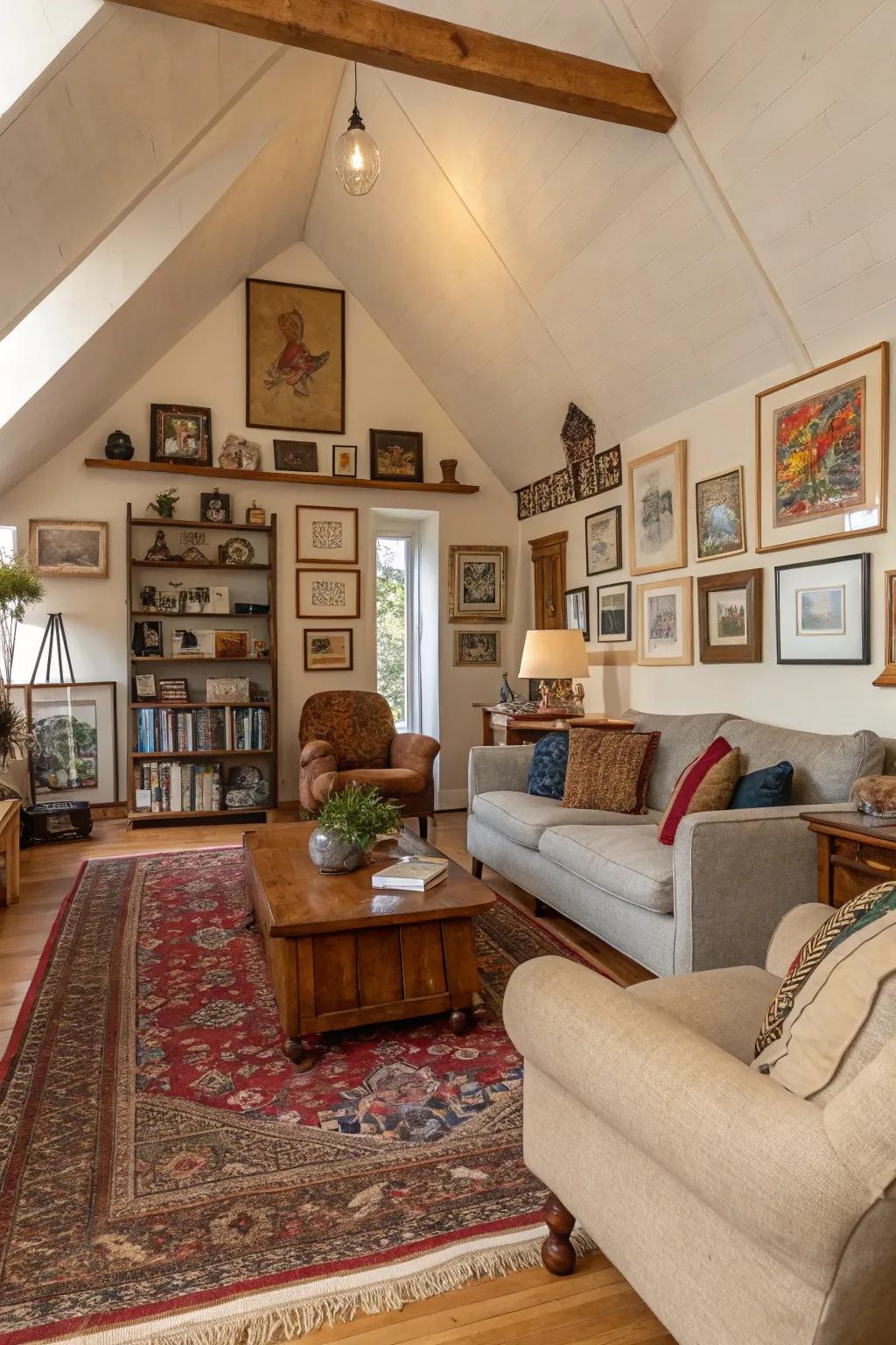 Combined styles contribute personality and flair to this high ceiling living room.