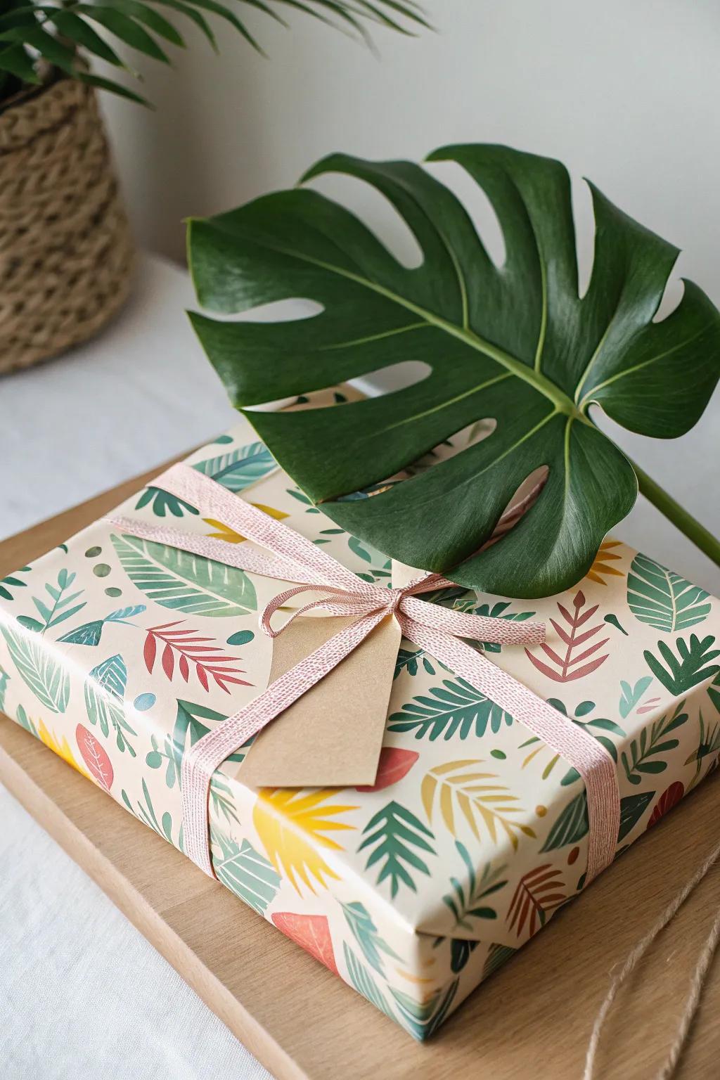 Eco-friendly gift presentation adorned with a split-leaf philodendron frond.