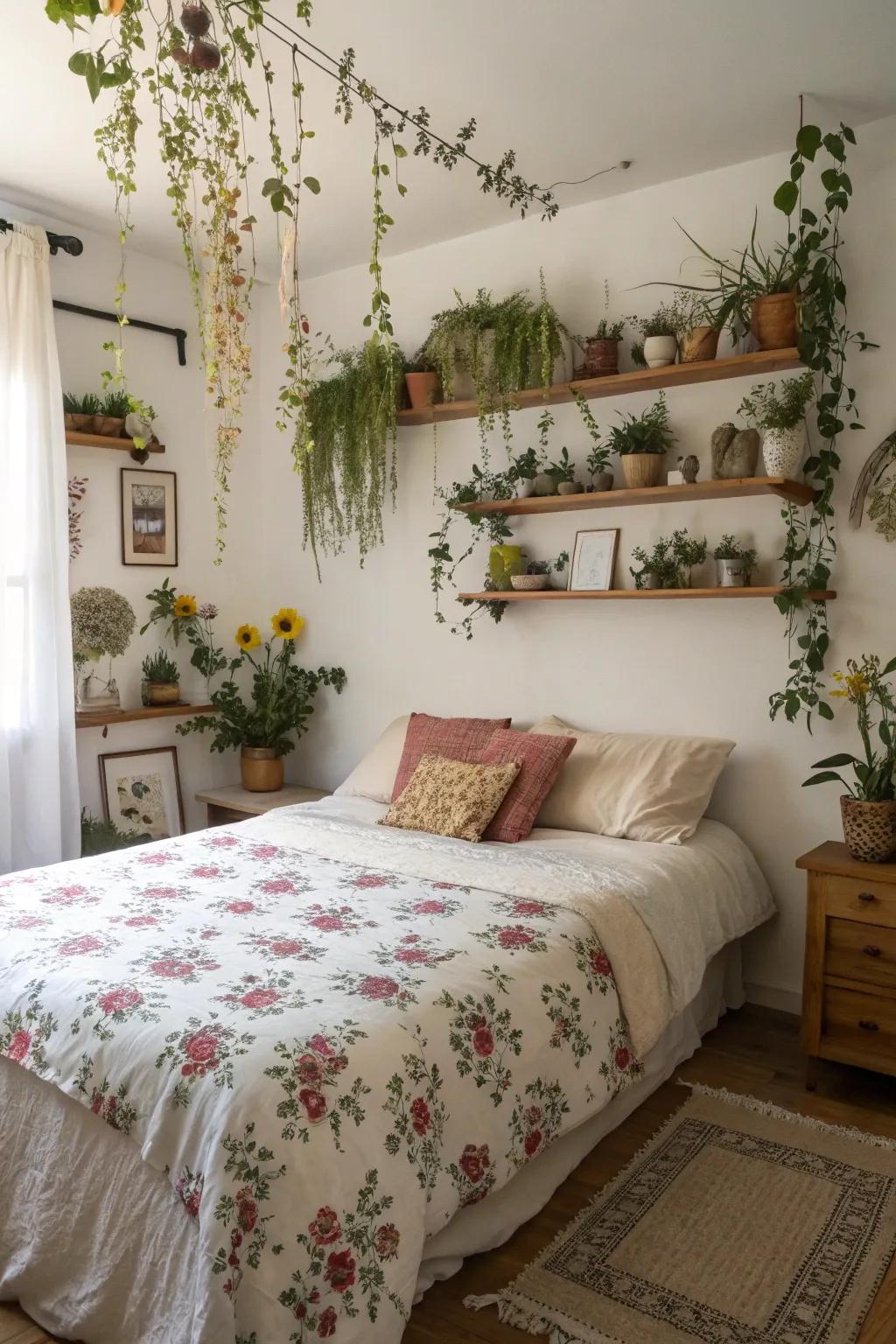 An open and airy bedroom with botanical features and dried flowers.