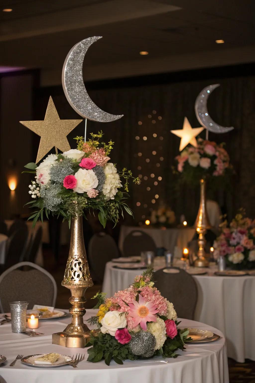 Lunar-themed centerpieces that beautifully complement the decor.