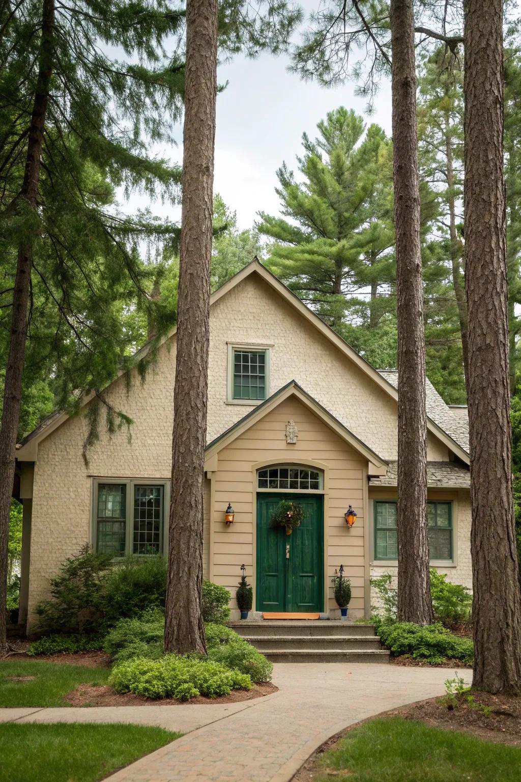 Timber green front door harmonizes with nature surrounding a beige house.
