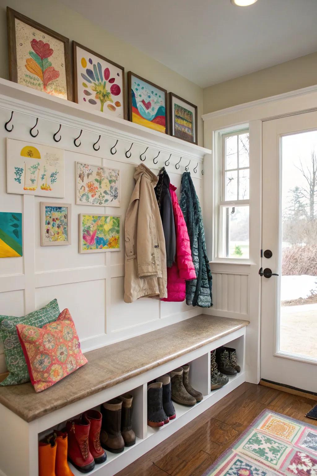 A personalized mudroom seating area accentuated with artwork.