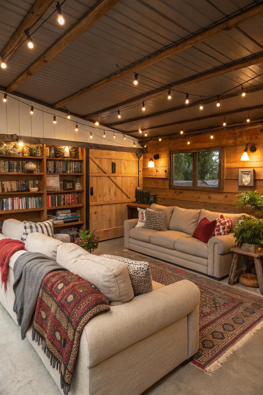 A pleasant space set up within a garage.