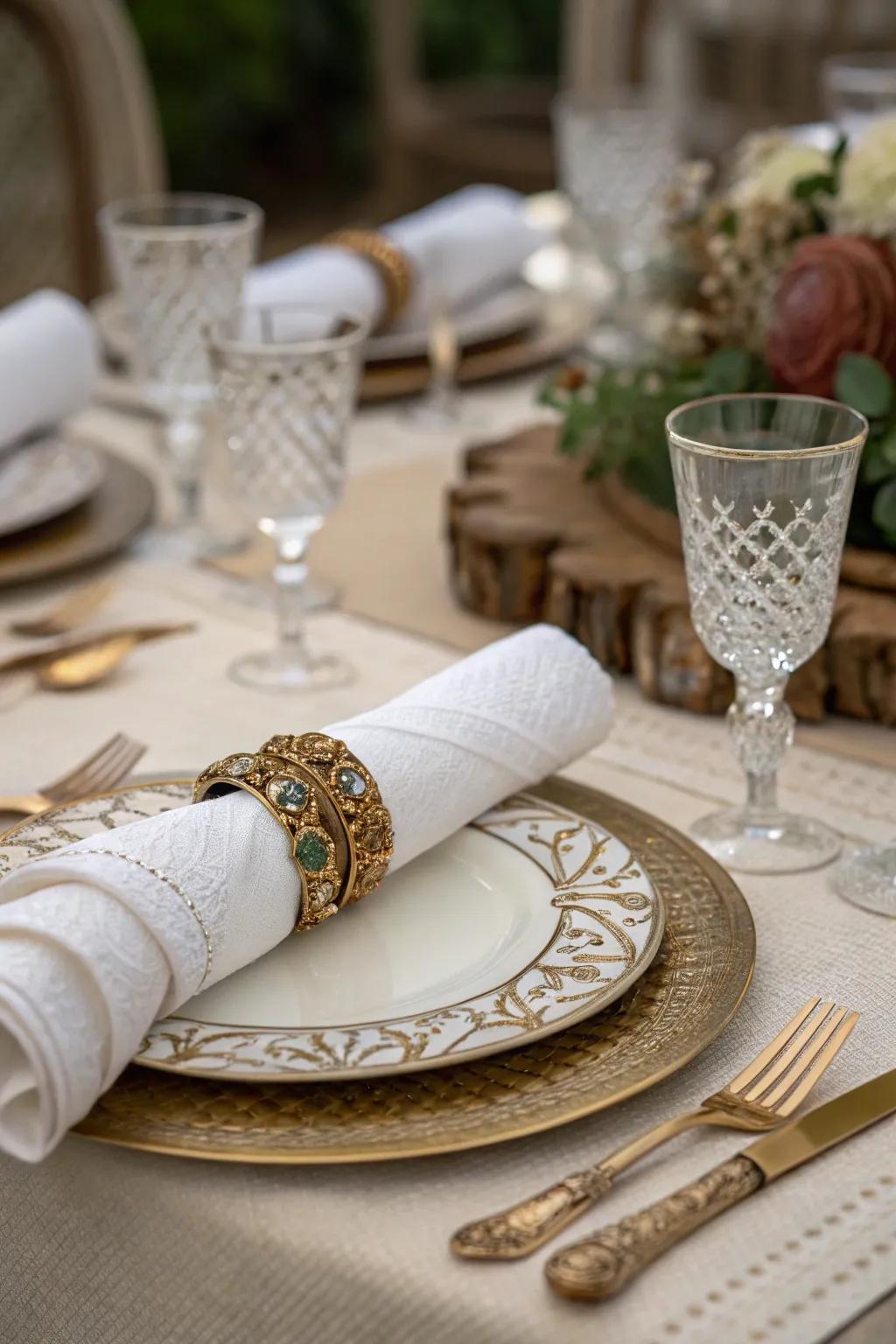 The Napkin Ring Wrap serves as a timeless selection for accentuating exquisite table accessories.