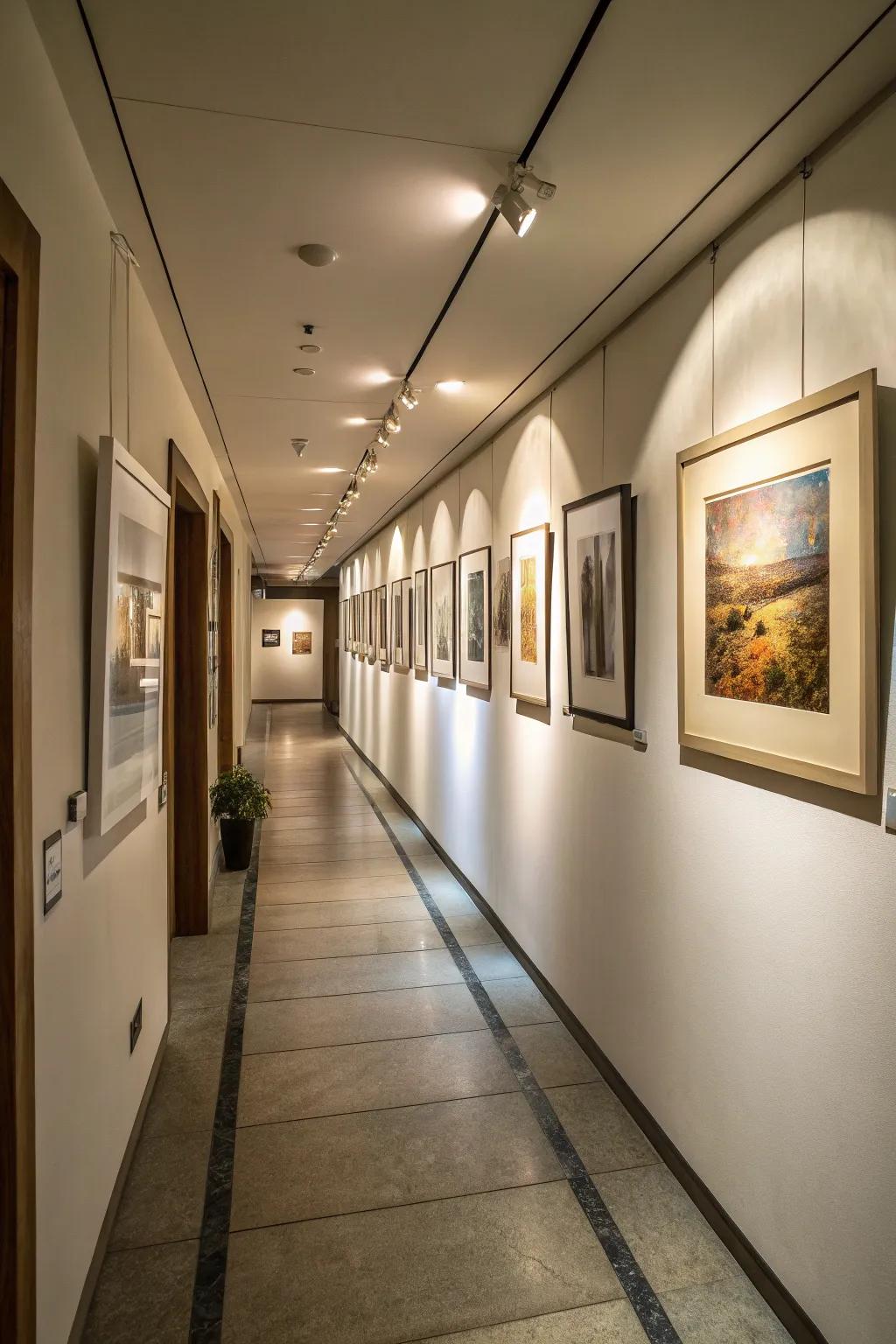 Accent lighting can transform a hallway into an art gallery.