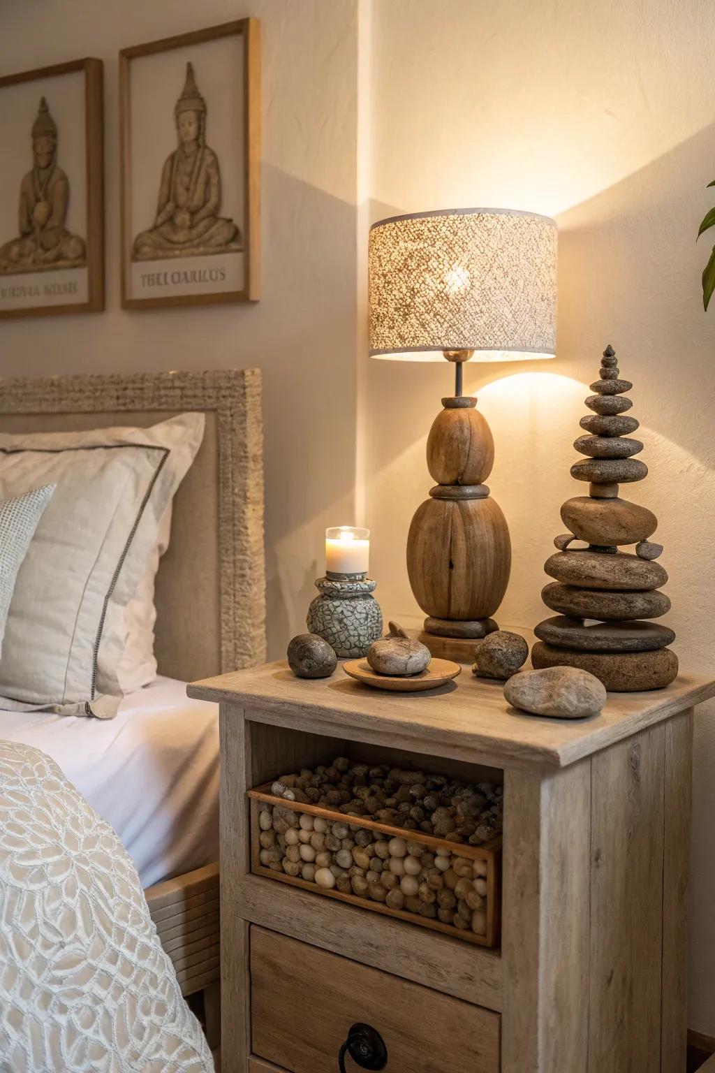 Stone accents add an earthy, grounding result to the bedroom.
