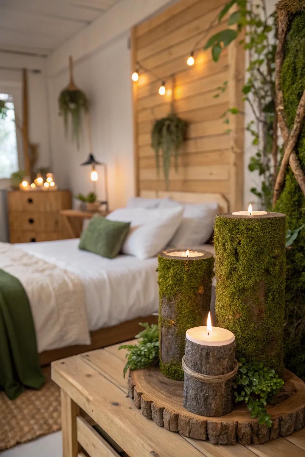 Mossy accents carry a hint of forest enchantment to the bedroom.