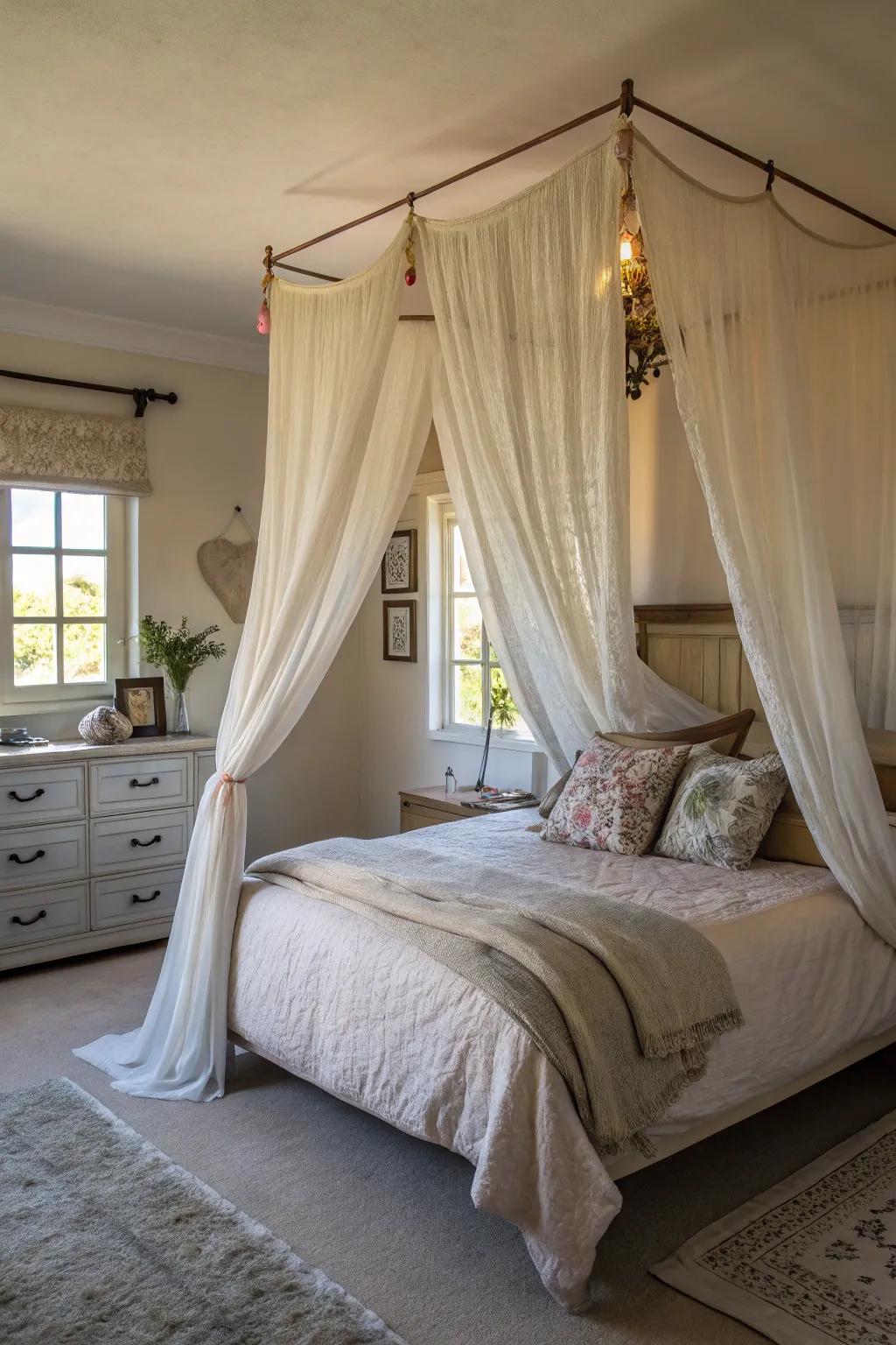 A canopy bed adds a touch of elegance reminiscent of a captain's quarters.