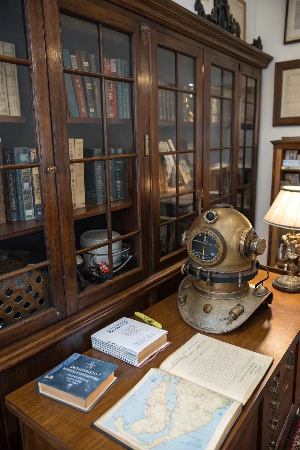 A timeless diving headgear is a striking addition to any seafaring decor collection.