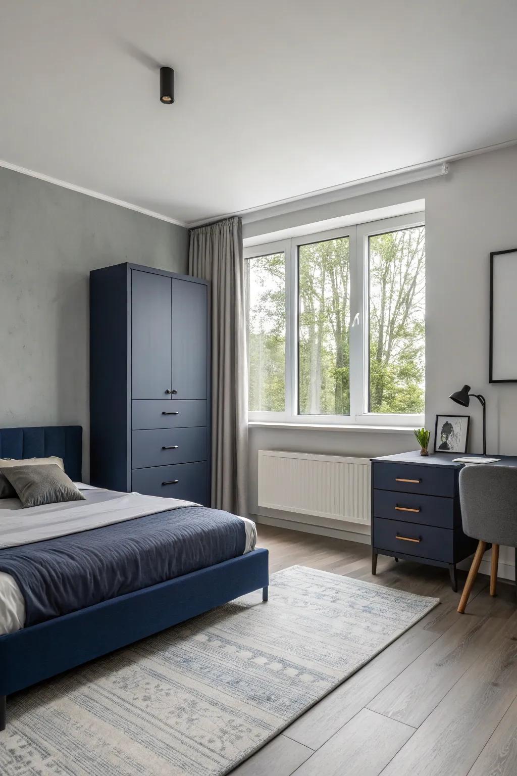 Minimalist furniture emphasizes clean lines and the color scheme.