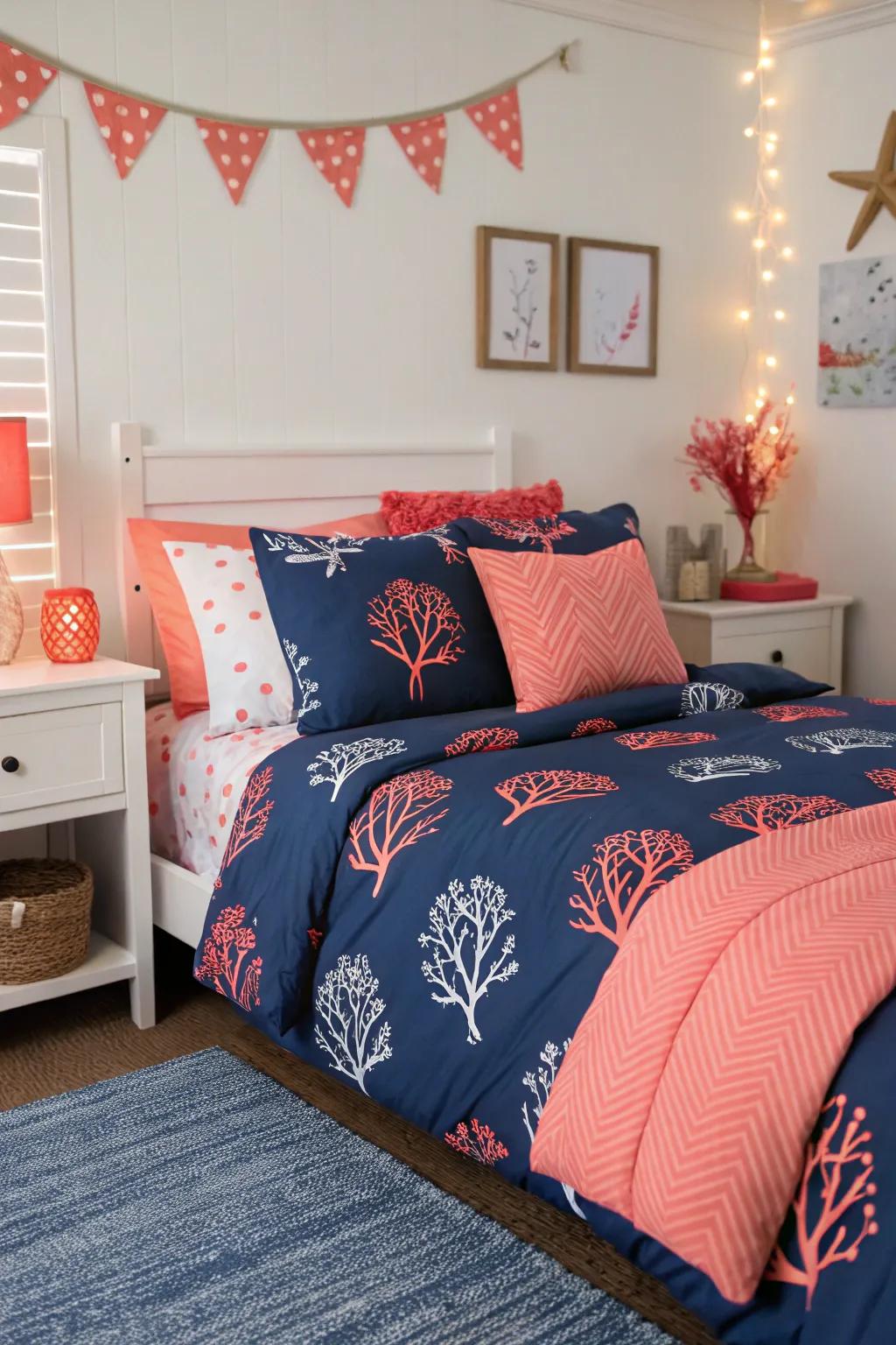 Add a pop of color with coral accents and navy bedding.