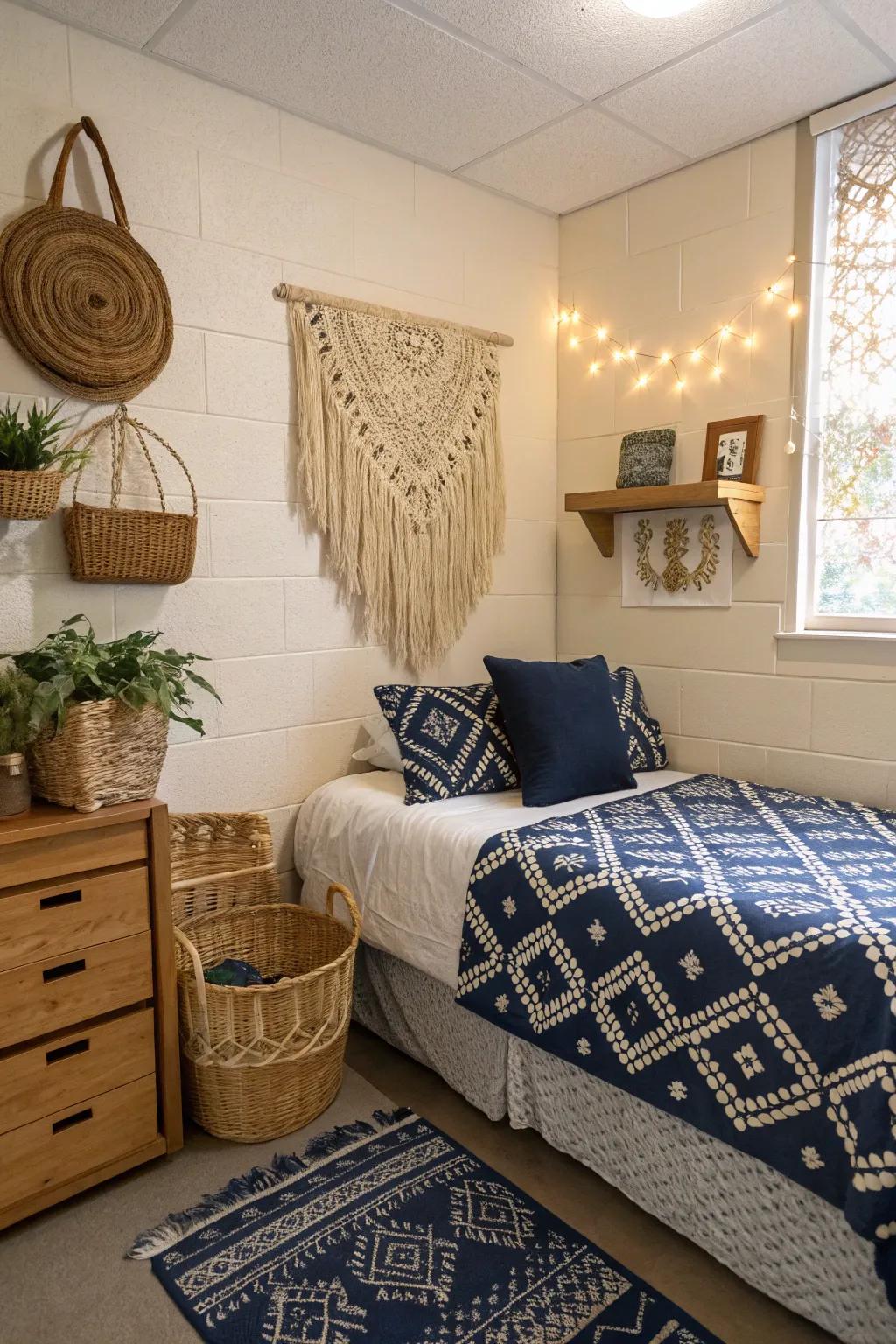 Boho chic accents add a relaxed vibe to your dorm room.