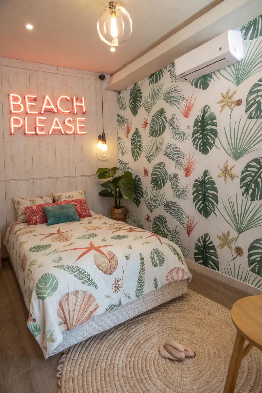 A thematic sign completes a beach-themed guest room.