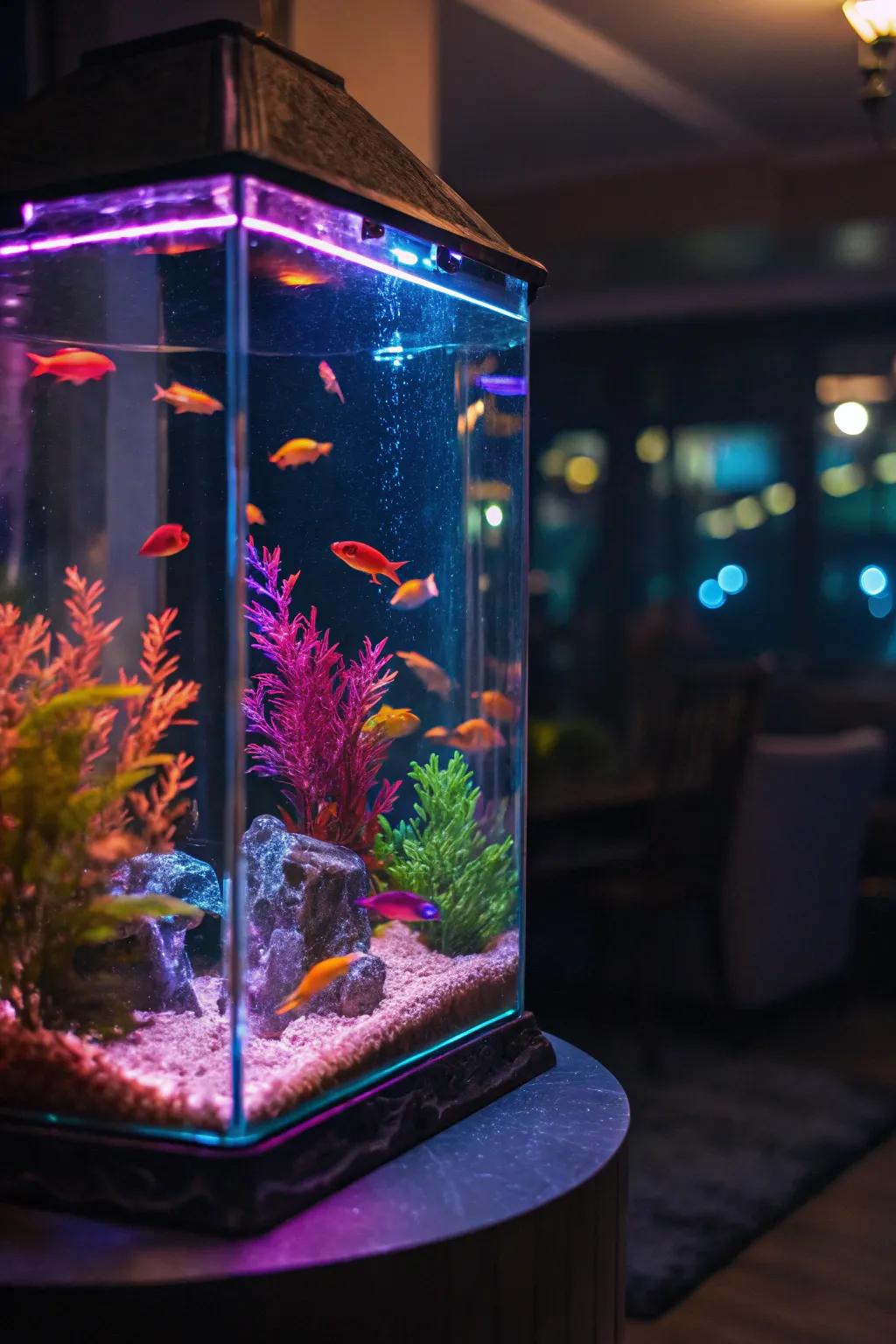 Reflective facets amplify the vibrant fluorescent radiance within this tank.