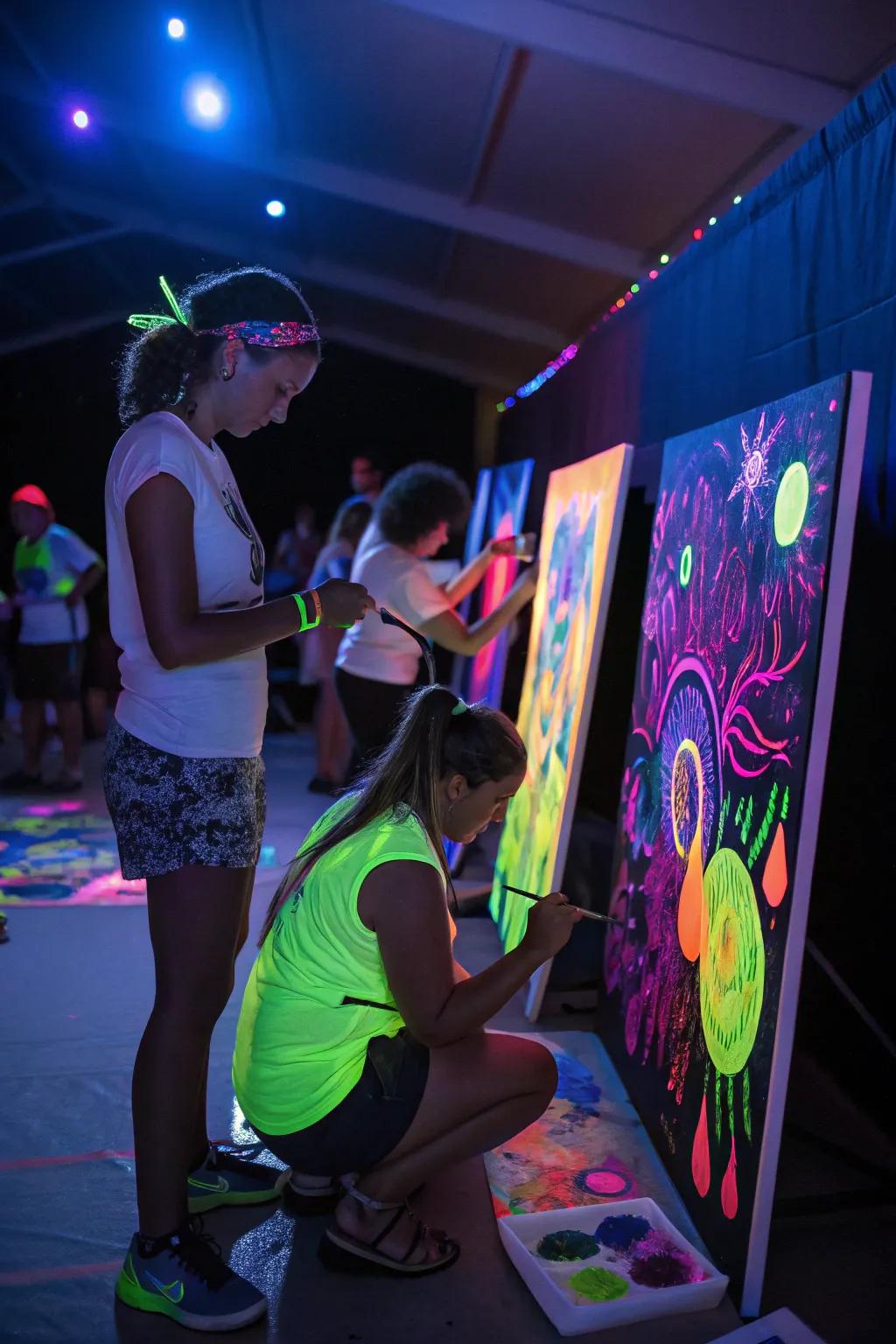 Attendees at a neon color celebration designing glowing masterpieces, adding a creative spin to the commemoration.