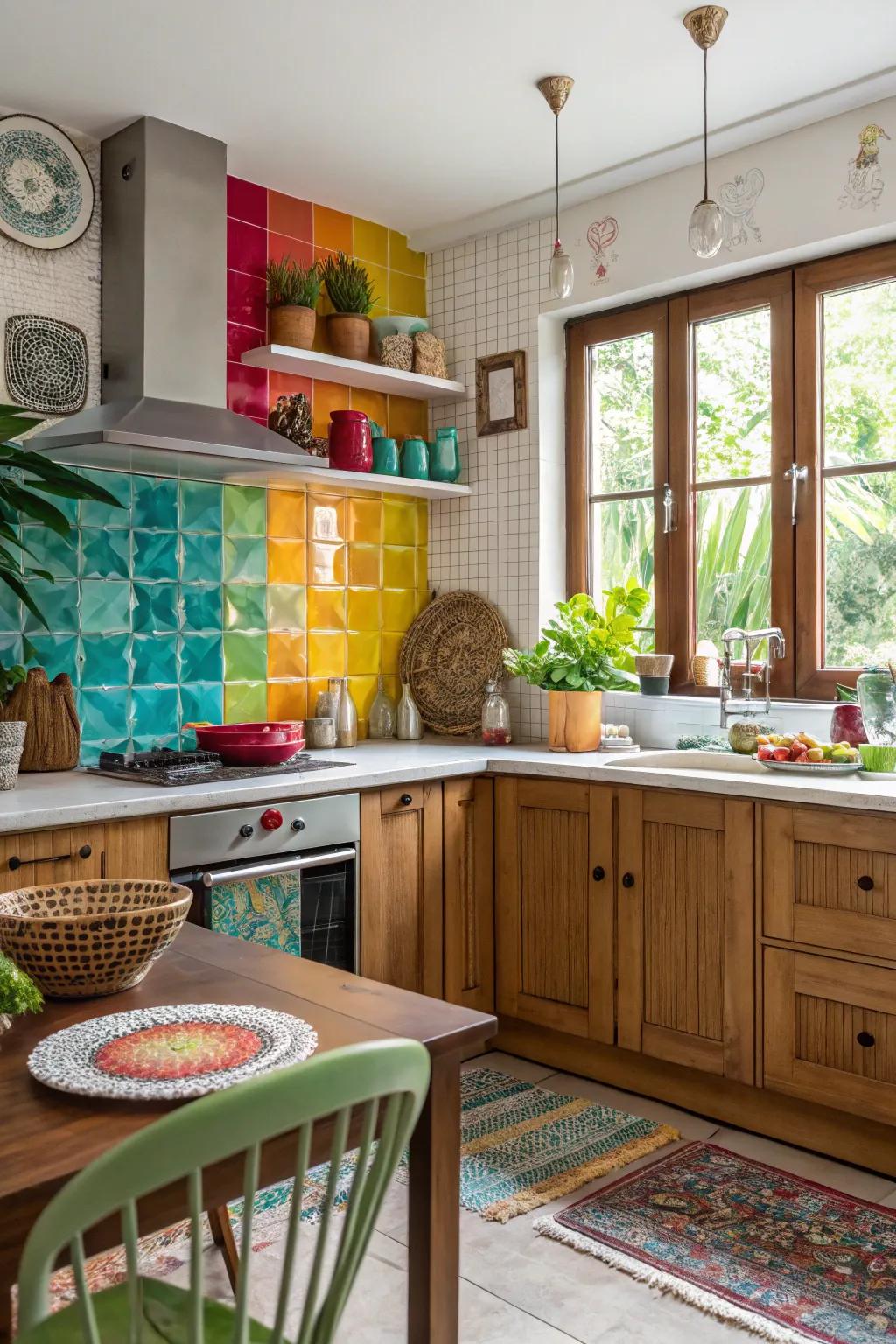 Colored glass backsplashes provide a lively and playful focal point in kitchens.