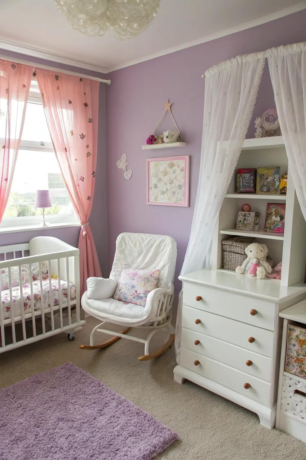 A dreamy nursery featuring tranquil lavender tones.