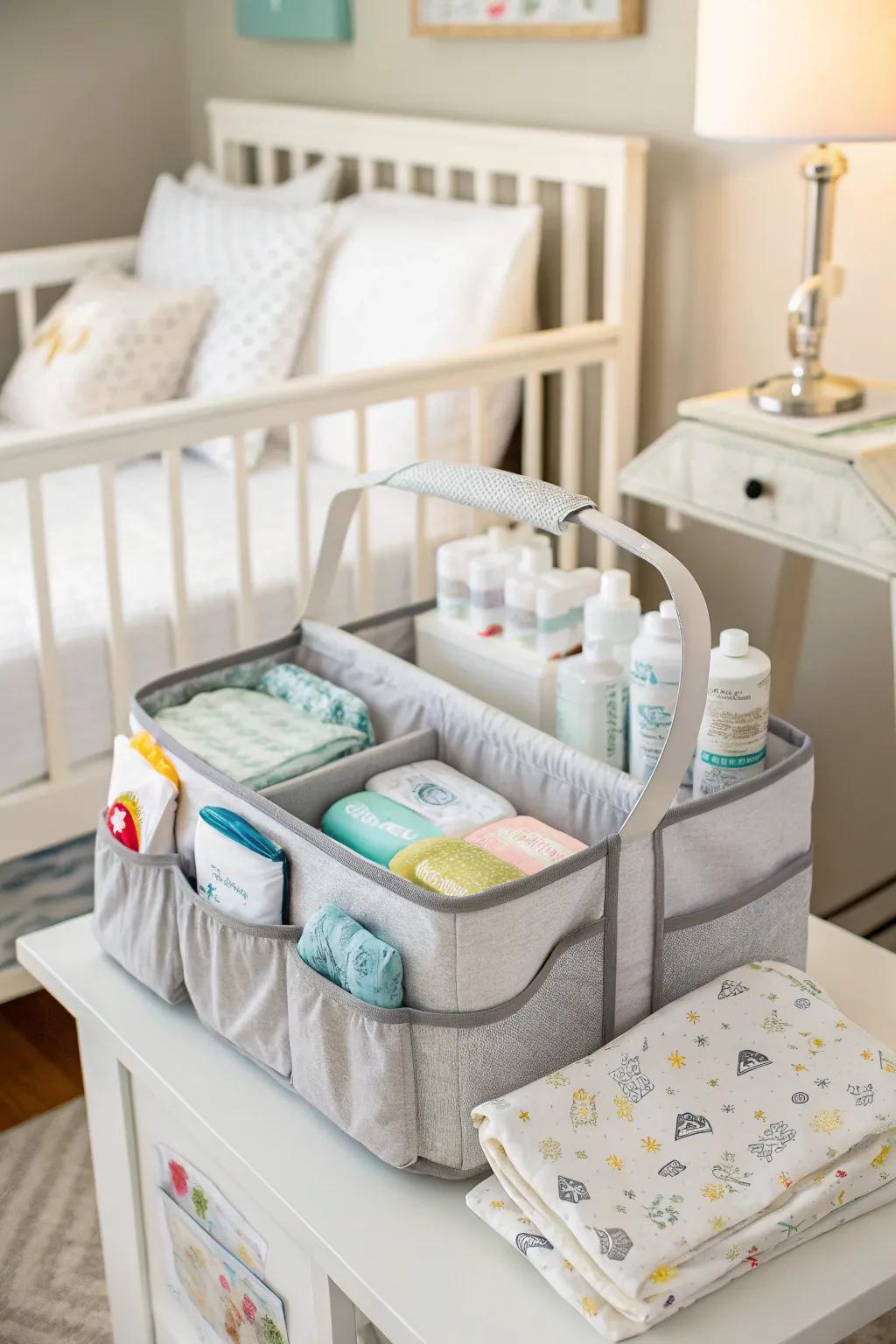 Travel diaper station for convenient diaper changes anywhere in the home.