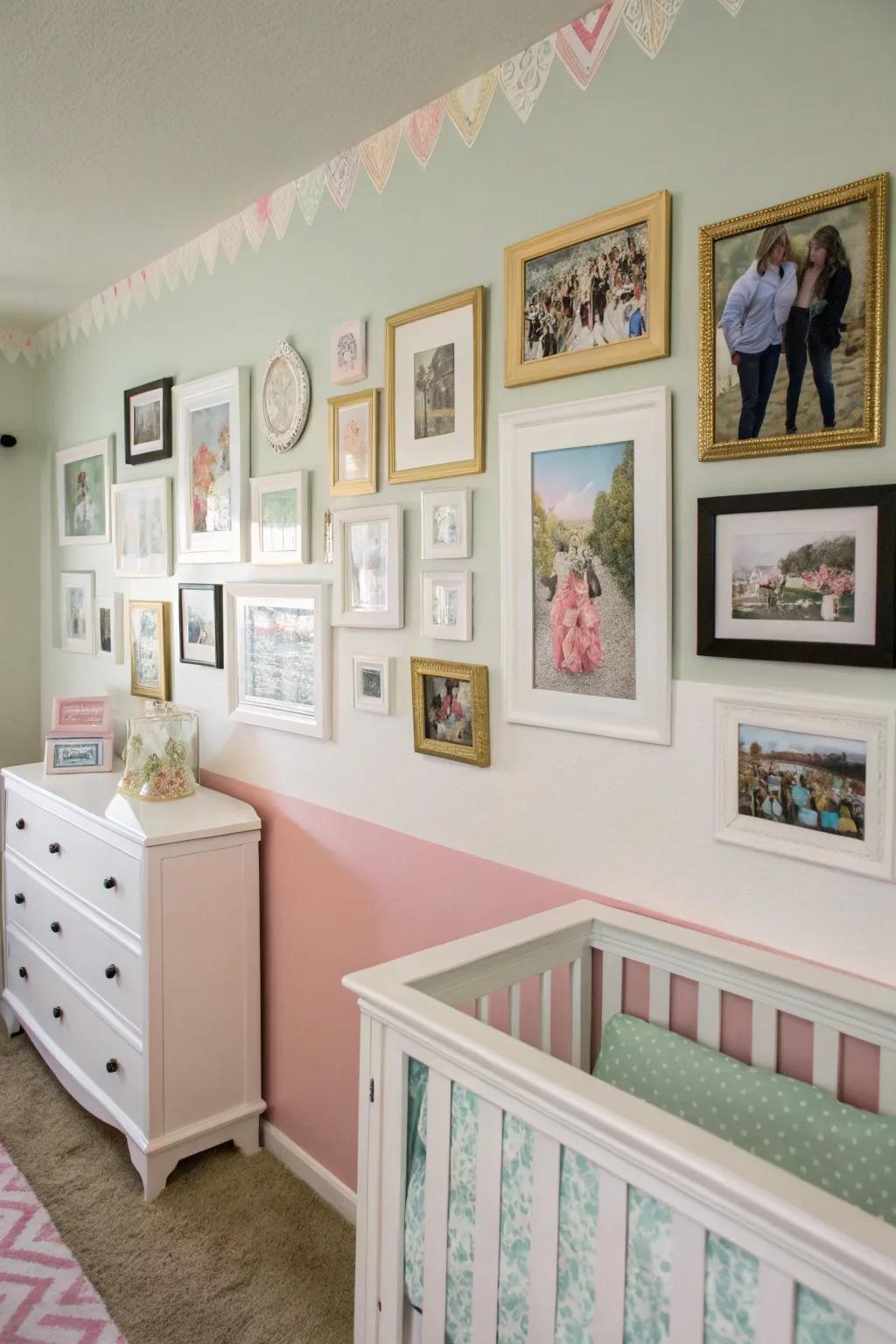A memory wall showcases cherished moments and art.