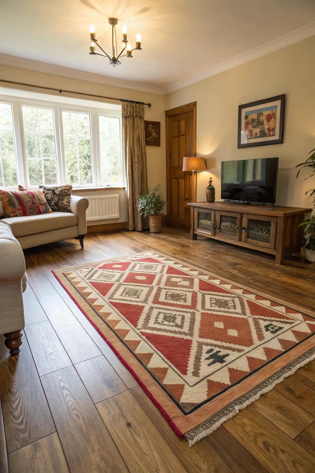Geometric rugs give oak flooring a modern touch.