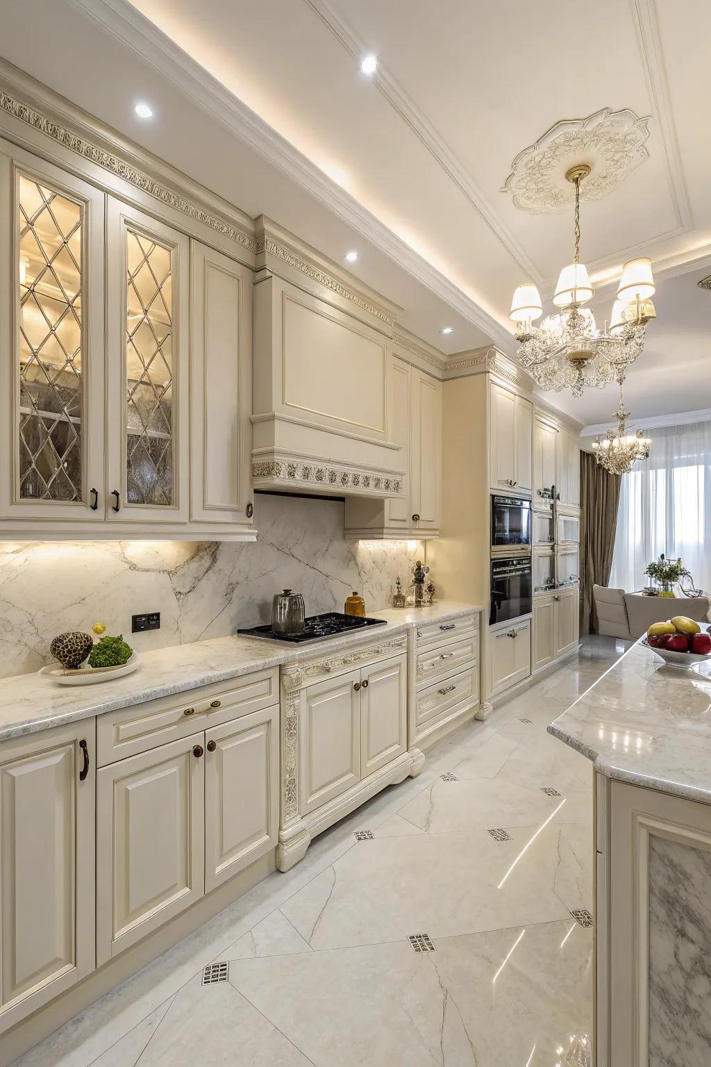 Luxury touches lift the charm of cream kitchens.