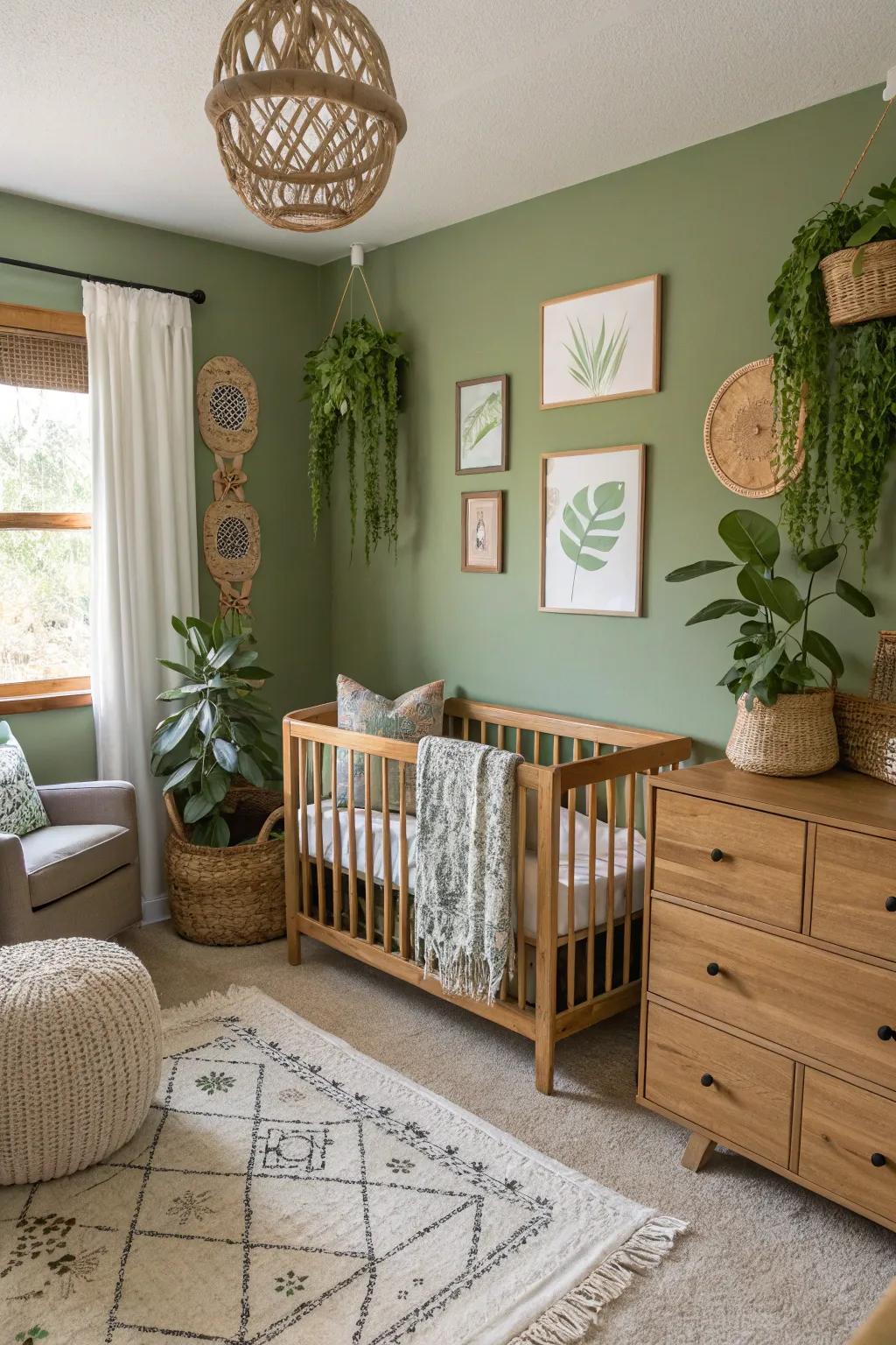 A nurturing nursery with tranquil woodland moss walls.
