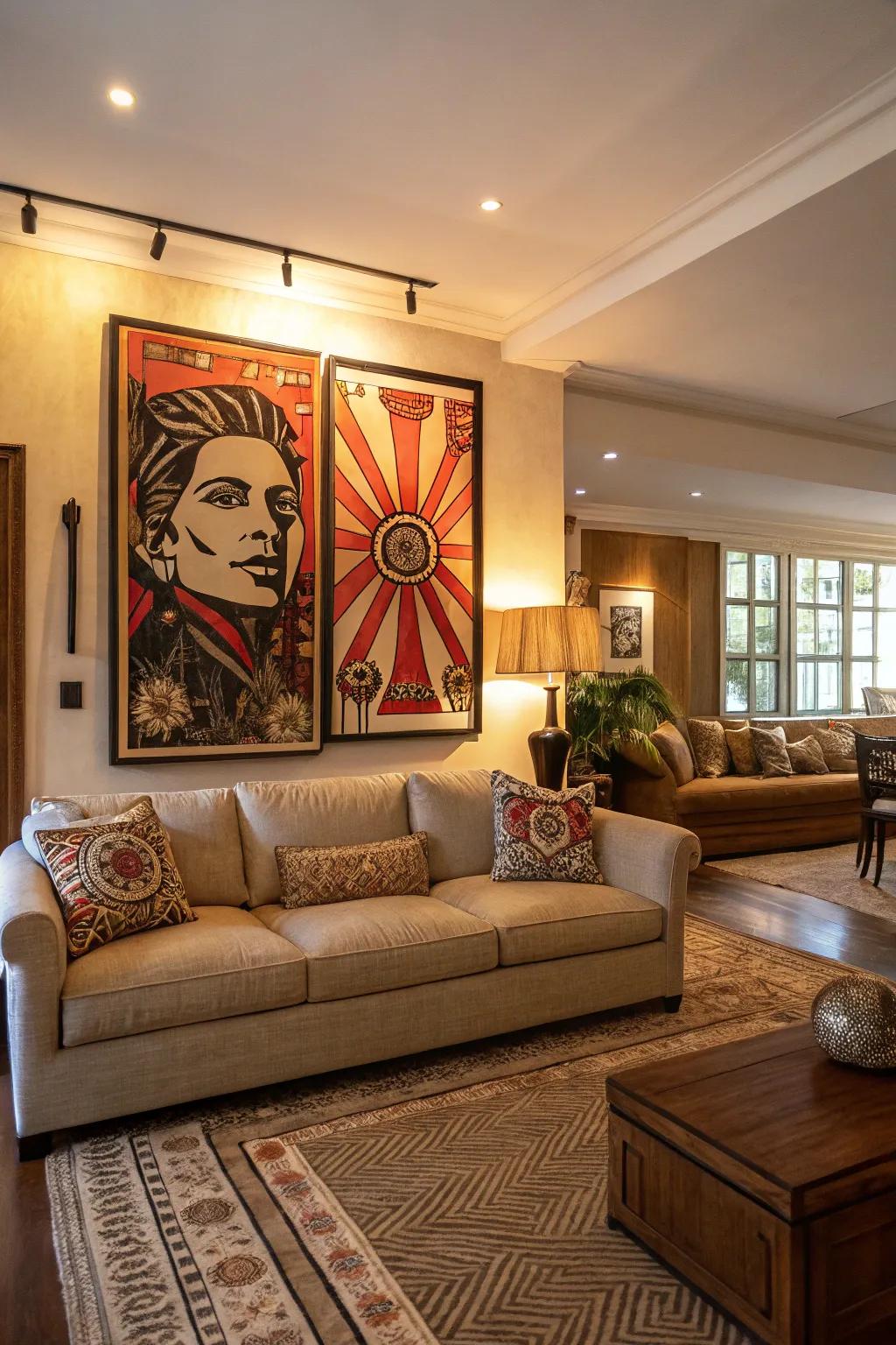 Oversized art creates a stunning focal point in the living room.
