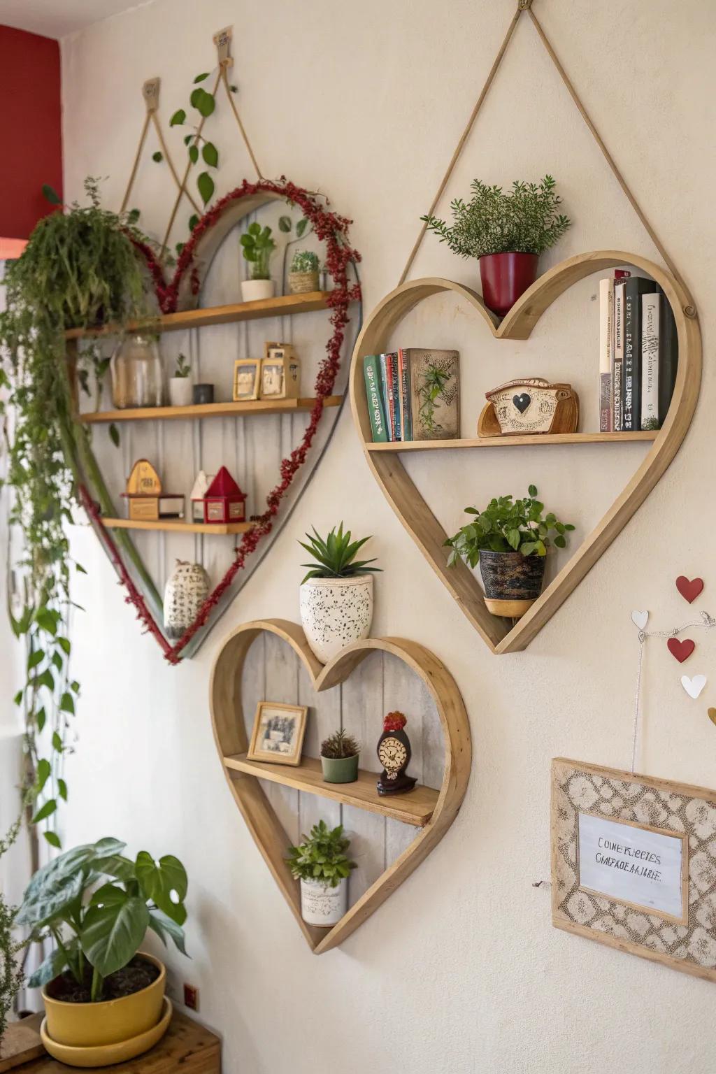 Heart form wall shelves give a carefree display choice.