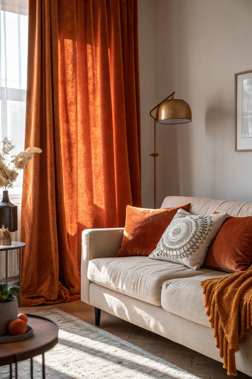 Layered textures with velvet window coverings and cozy decor.