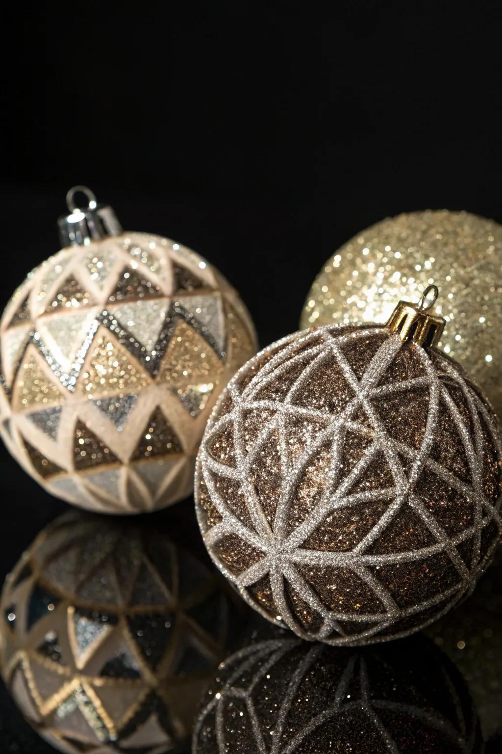 Geometric themes featuring shimmer append a modern sparkle to festive ornaments.