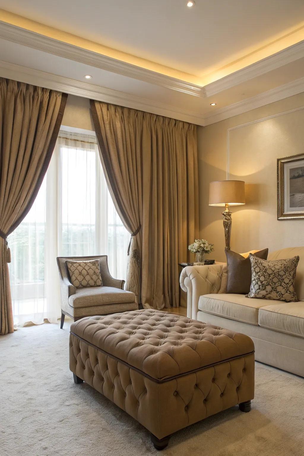 A seamless look with a perfectly matched ottoman and window coverings.