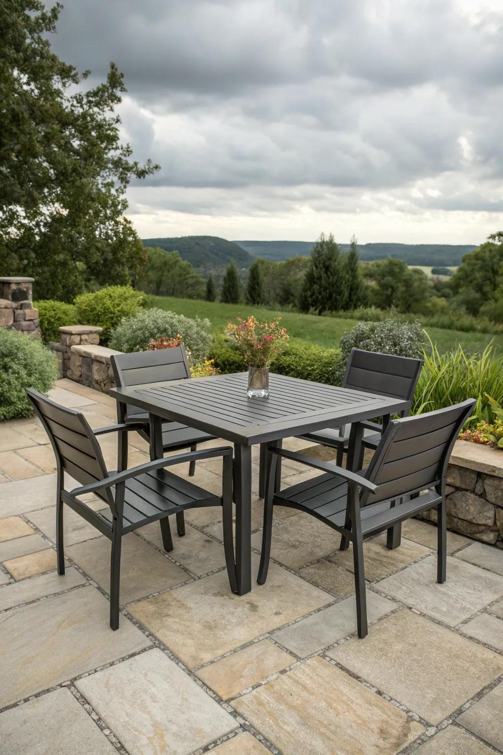 Durable furniture, designed to withstand the elements, perfect for outdoor dining.
