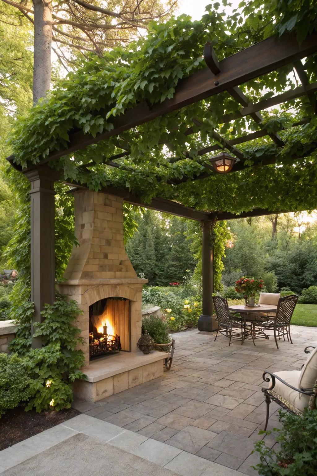 Incorporate shade and enchantment with a pergola suspended above your alfresco hearth.