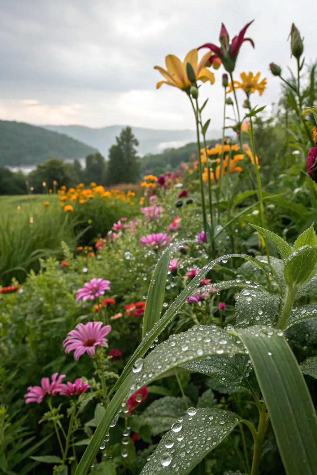 A rain garden flourishing using moisture-loving plants.