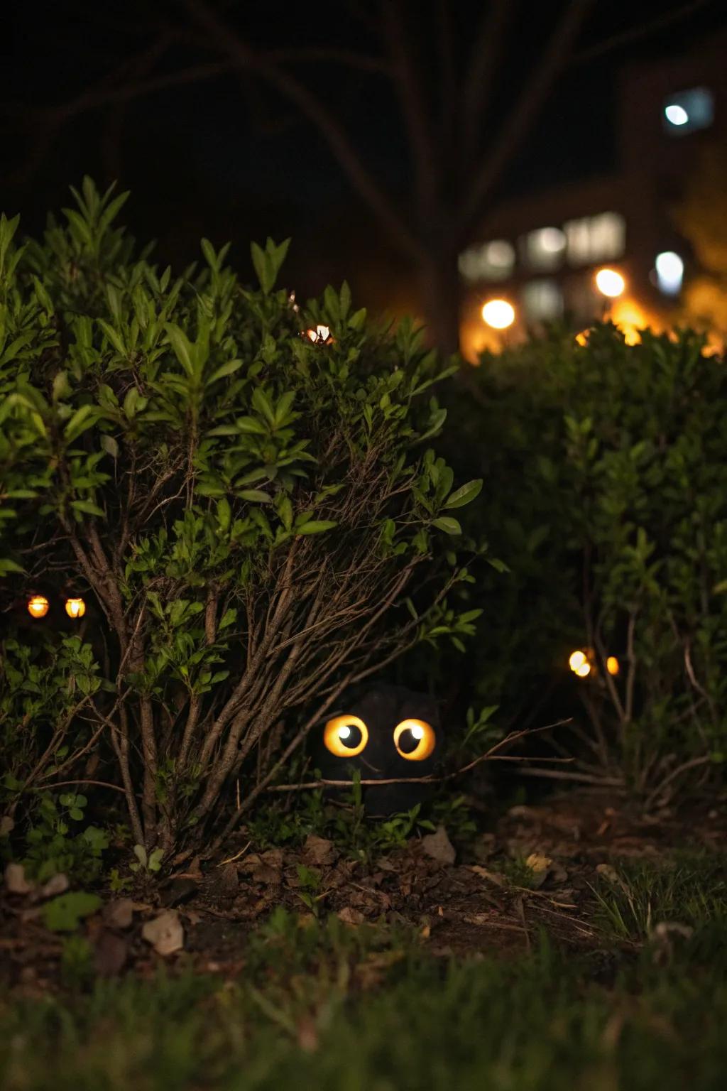 Eerie orbs peeking from the shadows, introducing a playful scare.