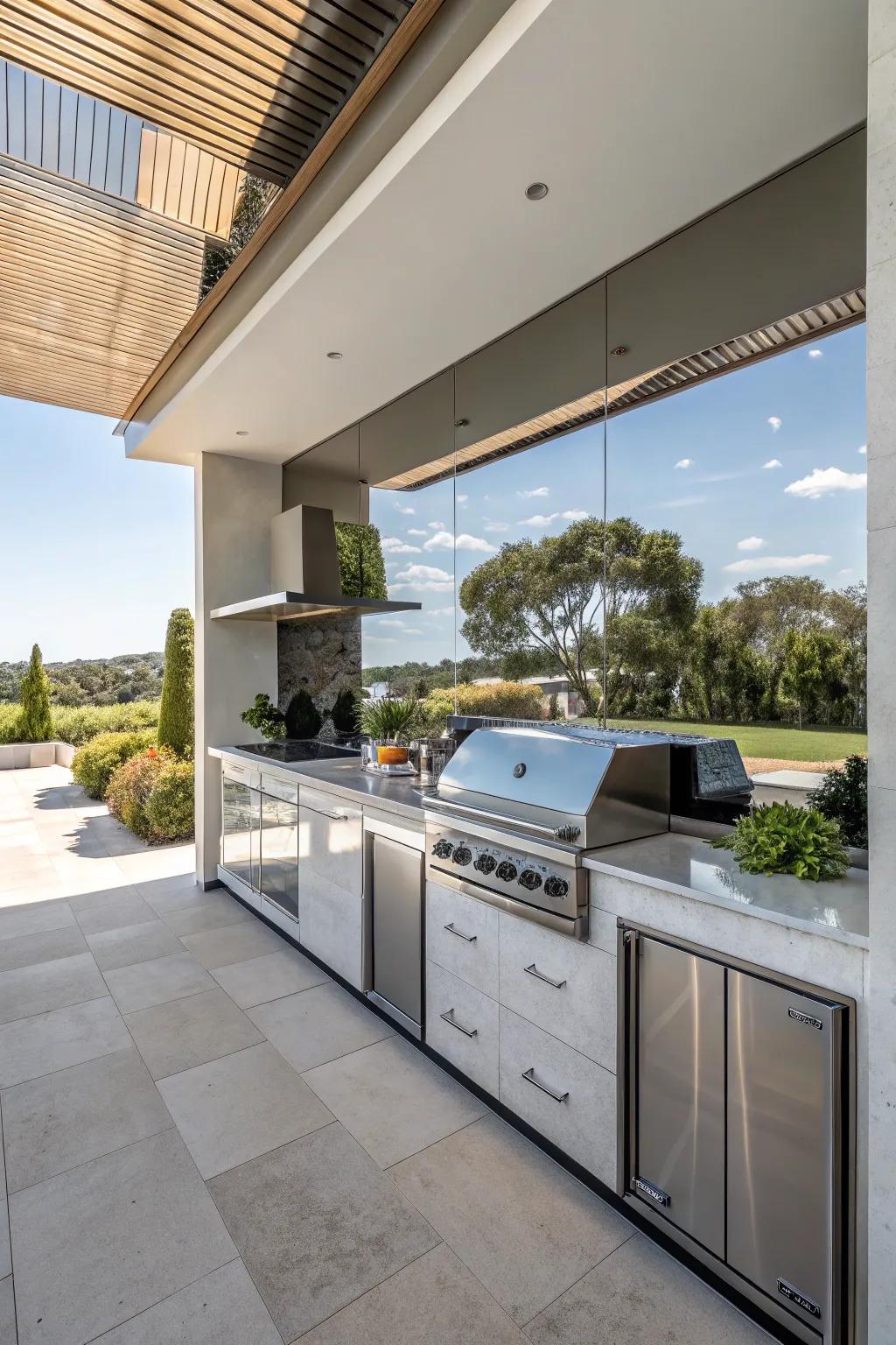 Mirror finish backsplashes add glamour and create a sense of spaciousness in outdoor kitchens.