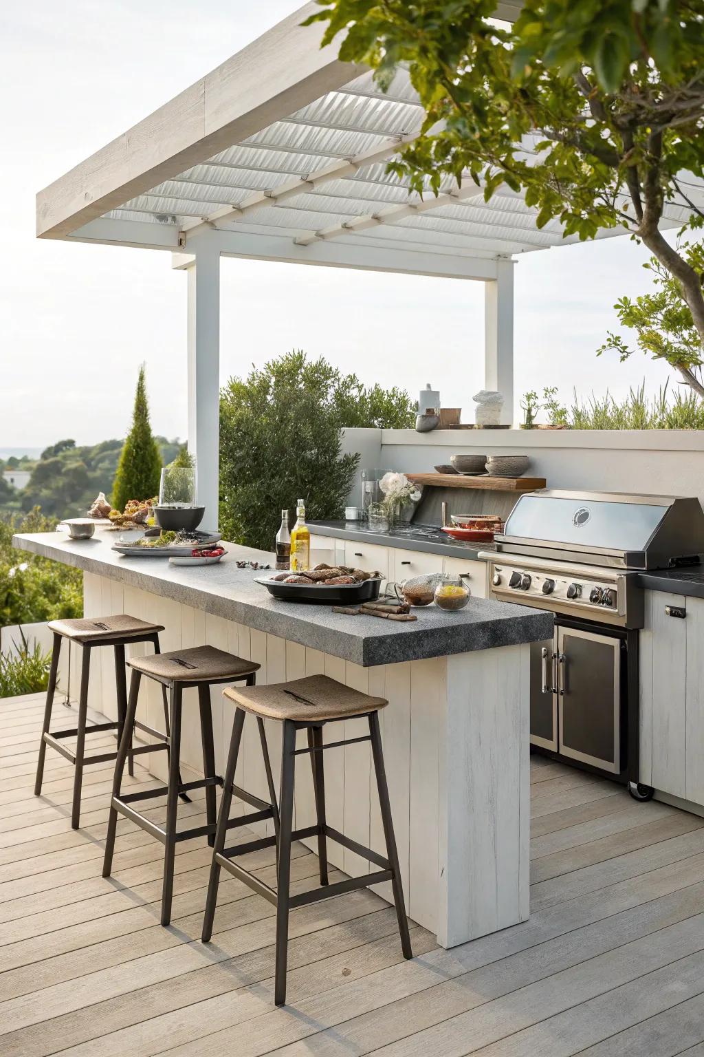 An inviting outdoor cooking area with a dedicated bar area and high seating.