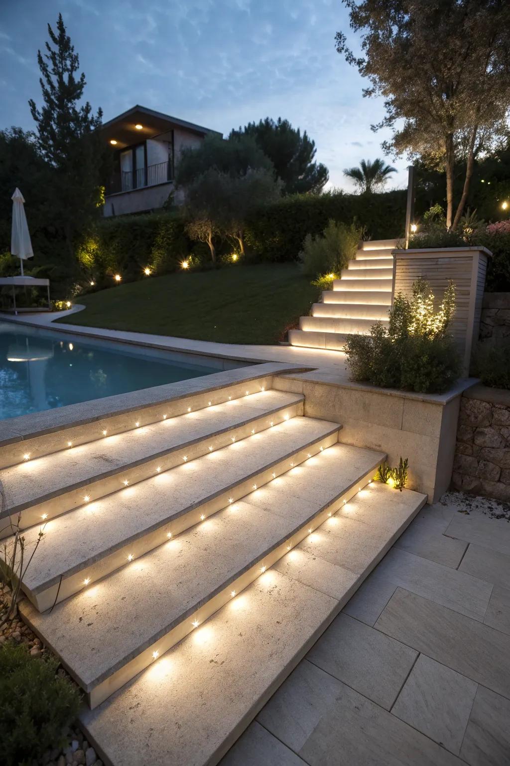 Step lights ensure safe navigation while maintaining aesthetic harmony.