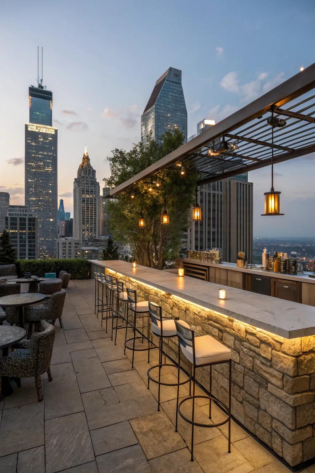 An urban oasis stone bar with stunning skyline views.