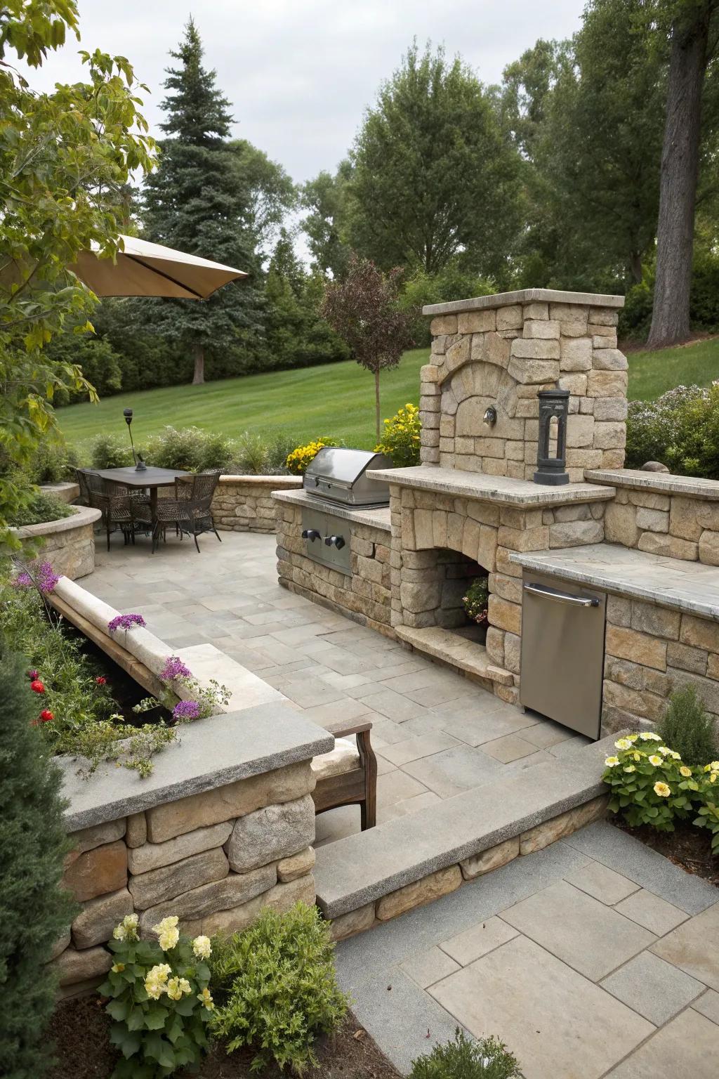 Integrated benches around your BBQ establish a welcoming space for get-togethers.