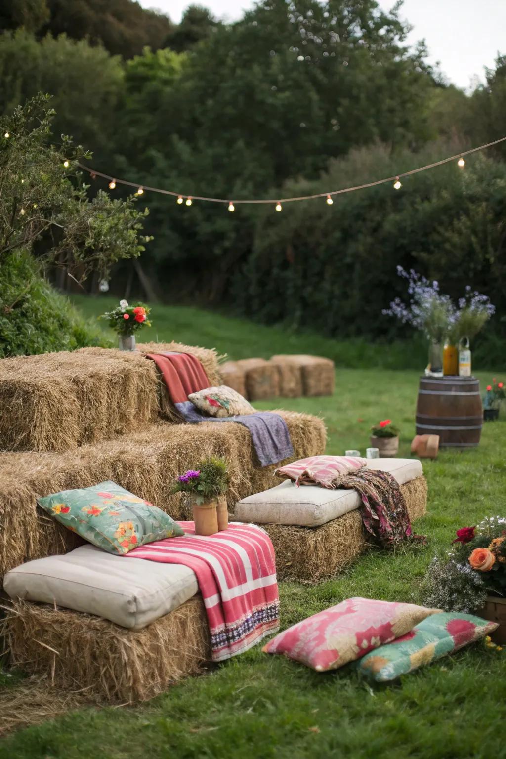 Hay bale seating contributes rustic charm and relaxation to your outdoor arrangement.