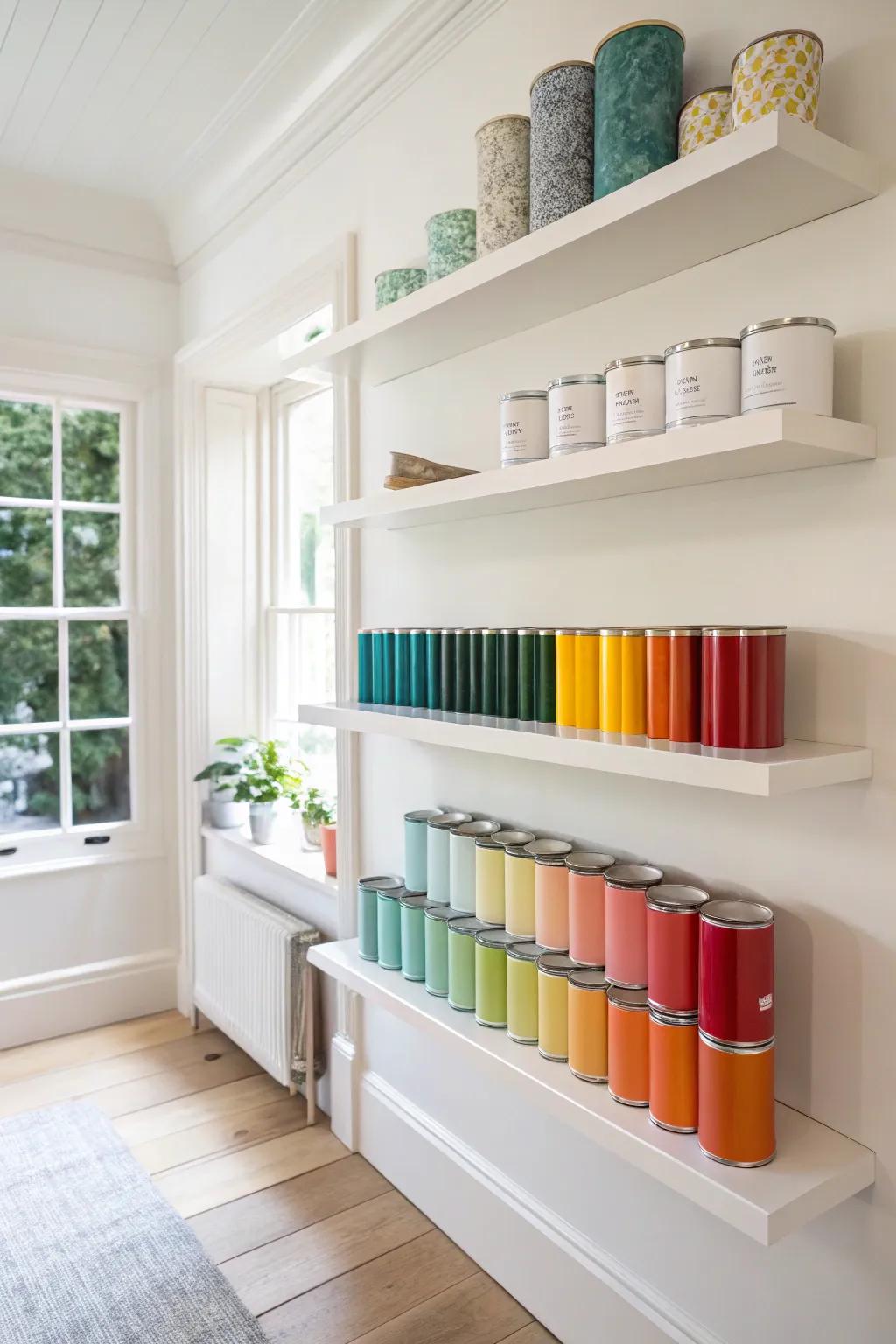 Floating shelves displaying paint cans using a minimalist style.