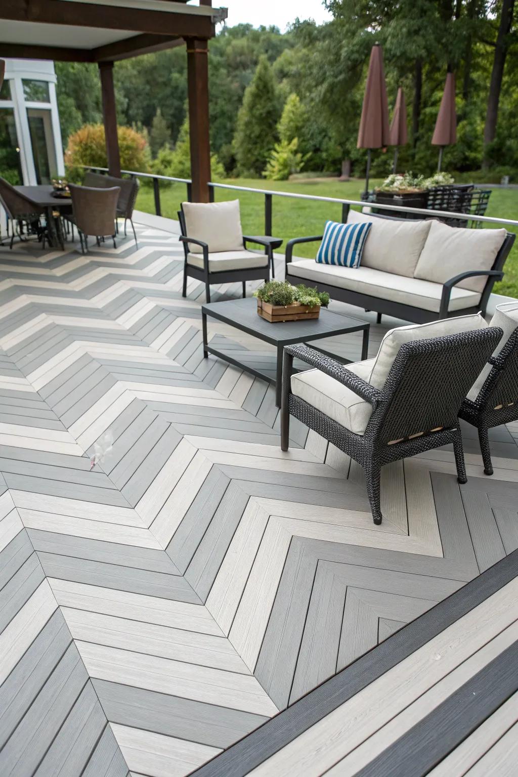 A deck featuring modern chevron patterns, adding energy and style to the space.