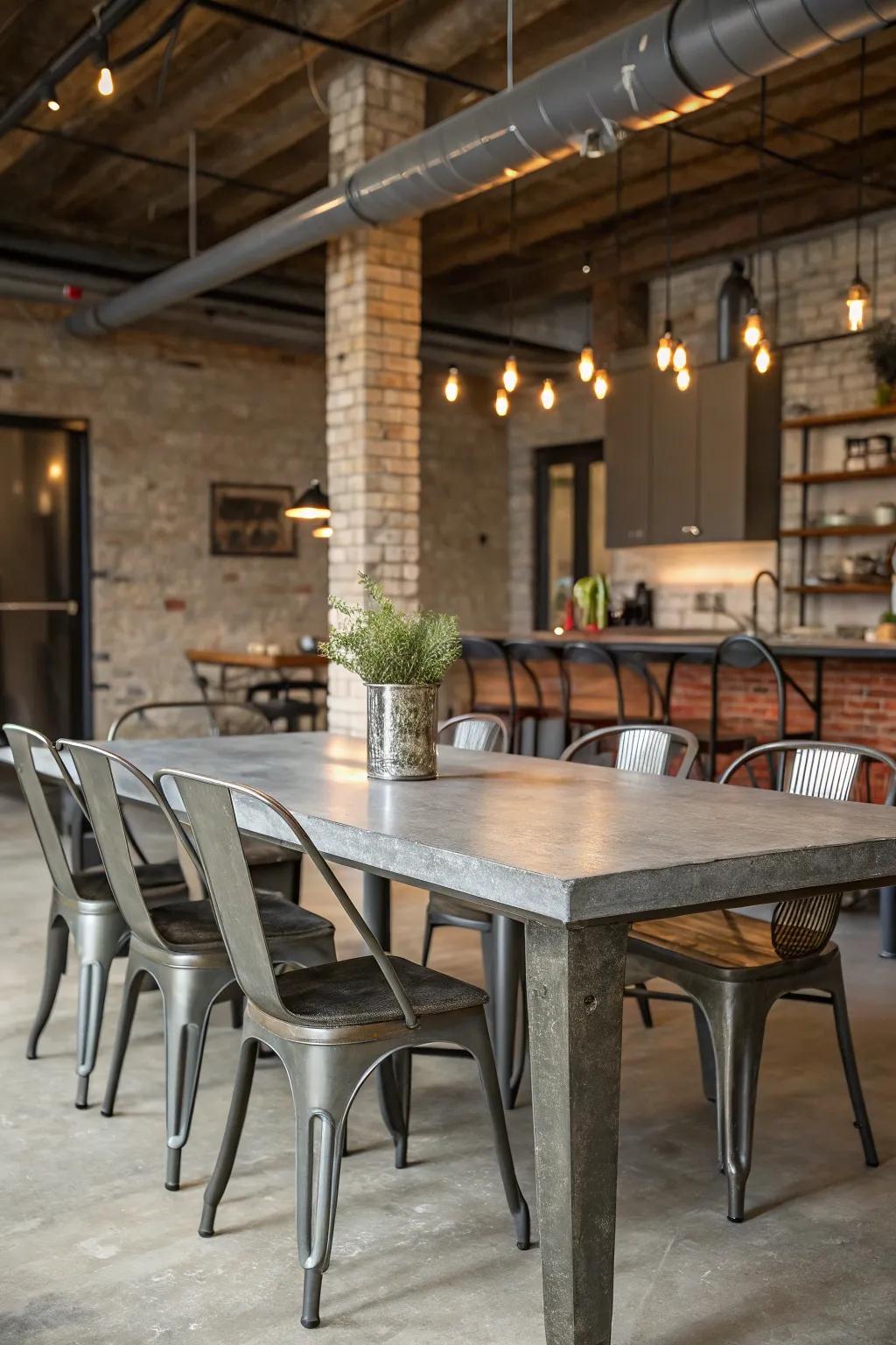 Faux concrete paint adds an industrial edge to your dining table.