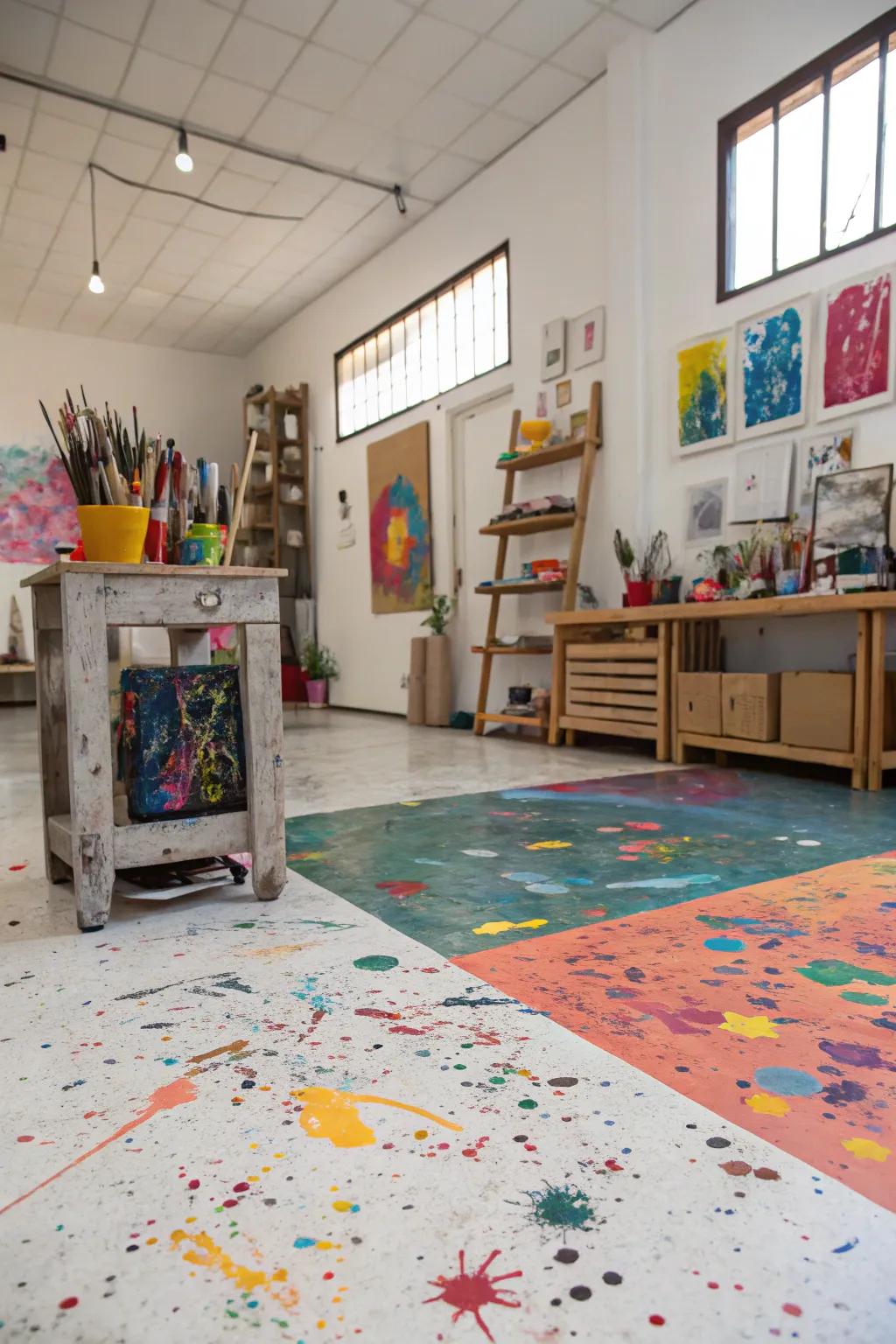 An art space featuring floors painted with artistic splatter, which makes a bright and inspiring place to work.