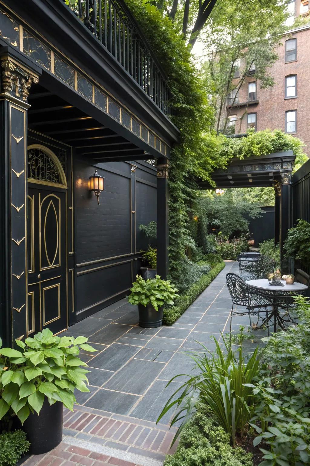 Bold black creates a dramatic and chic patio space.