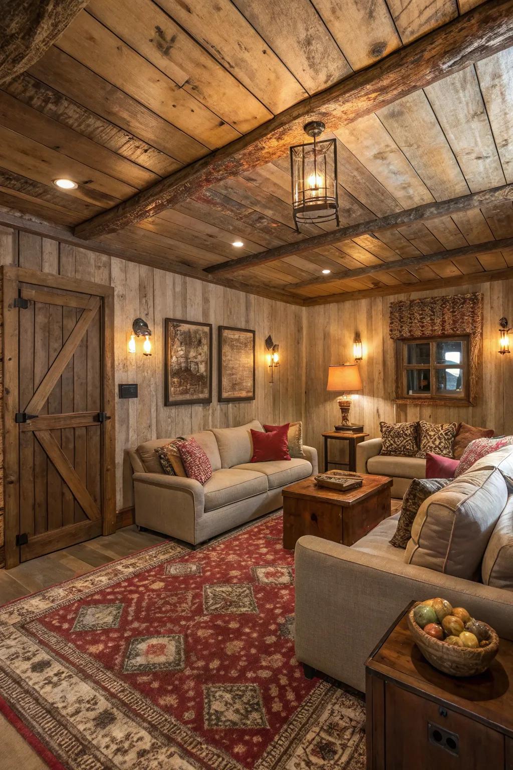 Distressed wood panels add rustic charm.