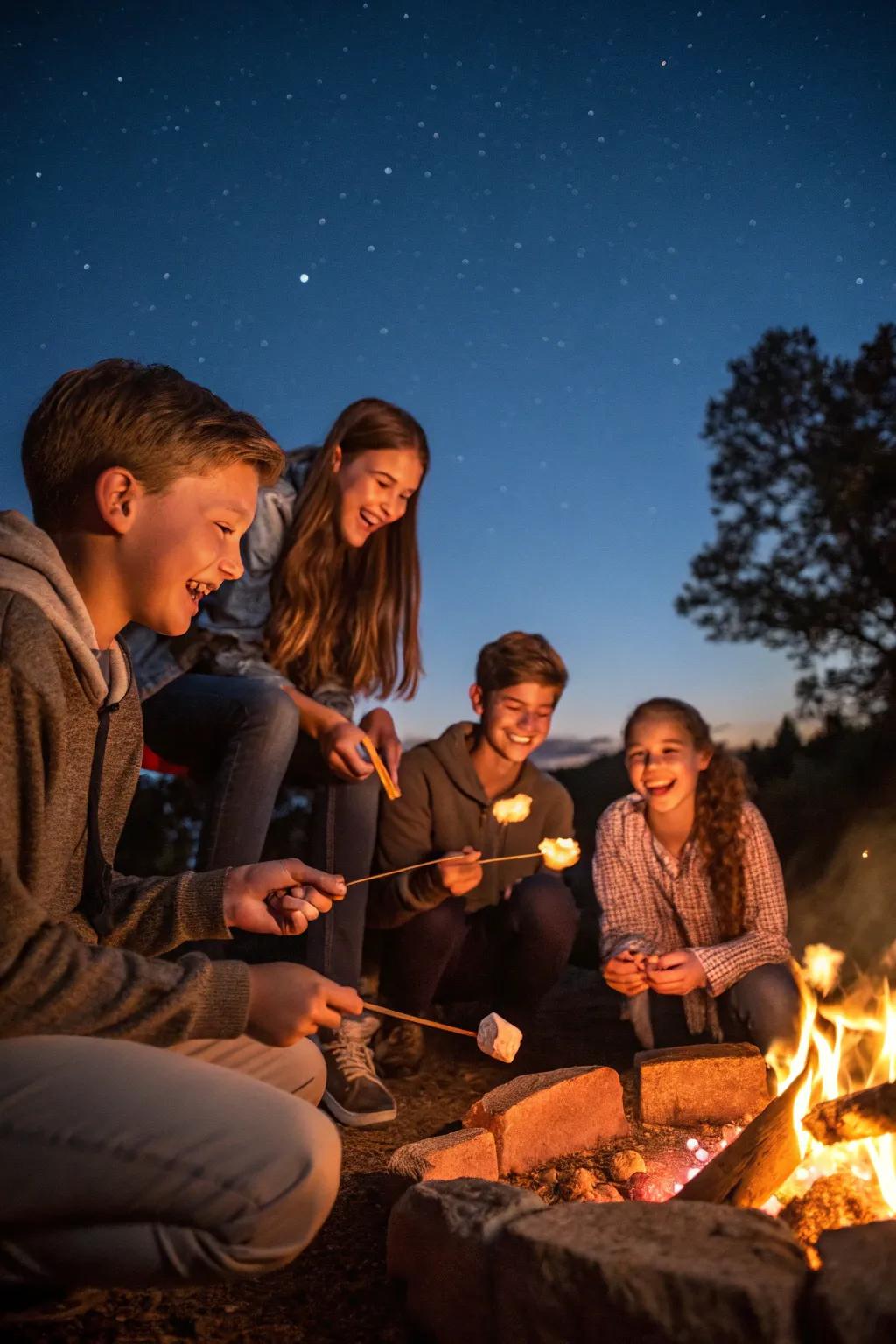 Teenagers relishing a welcoming blazing fire evening whilst roasting treats nestled underneath celestial entities.