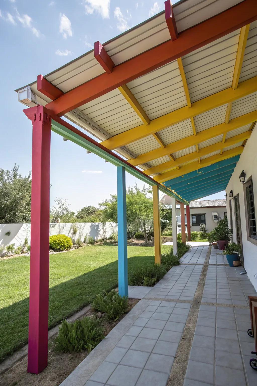Painted beams add color and cheer to rainy days.