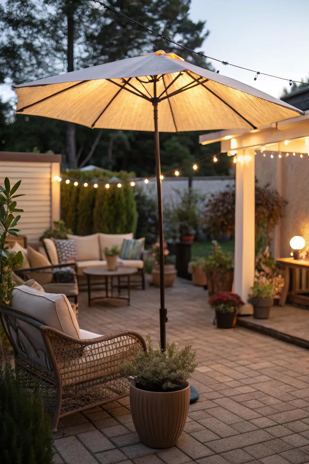 Lighted patio umbrellas offer a multi-purpose answer for shade and light.